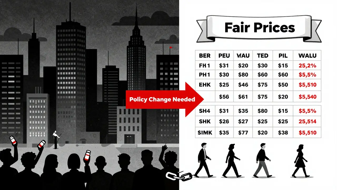 Split scene: oppressive drug pricing vs. fair prices with policy change arrow