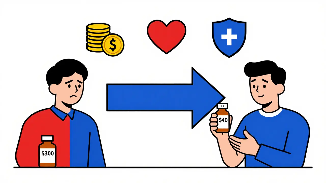 Split scene: patient with expensive brand vs. affordable generic, connected by geometric arrow with savings and health icons.
