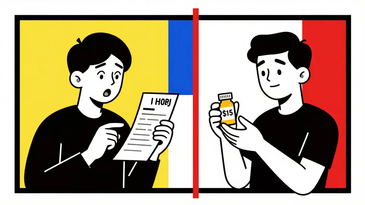 Split scene showing high drug cost versus low generic price, illustrated in De Stijl style with primary colors.