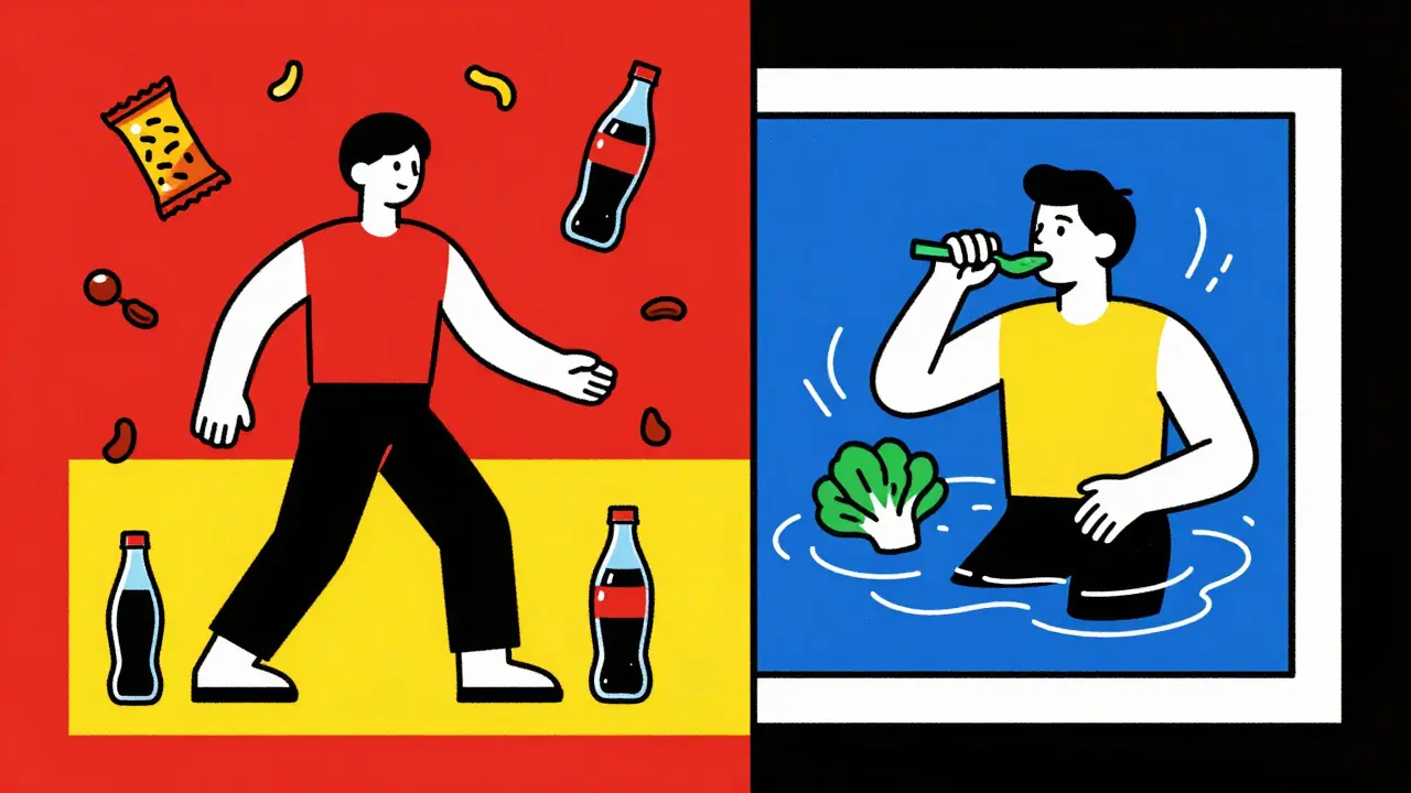 Split scene: unhealthy foods vs. healthy eating and water aerobics in abstract De Stijl composition.