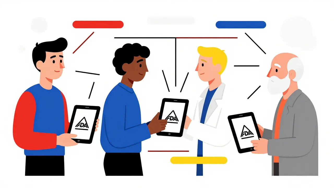 Three abstract figures receiving FDA alerts on tablets, connected by colored rectangles symbolizing a future app.