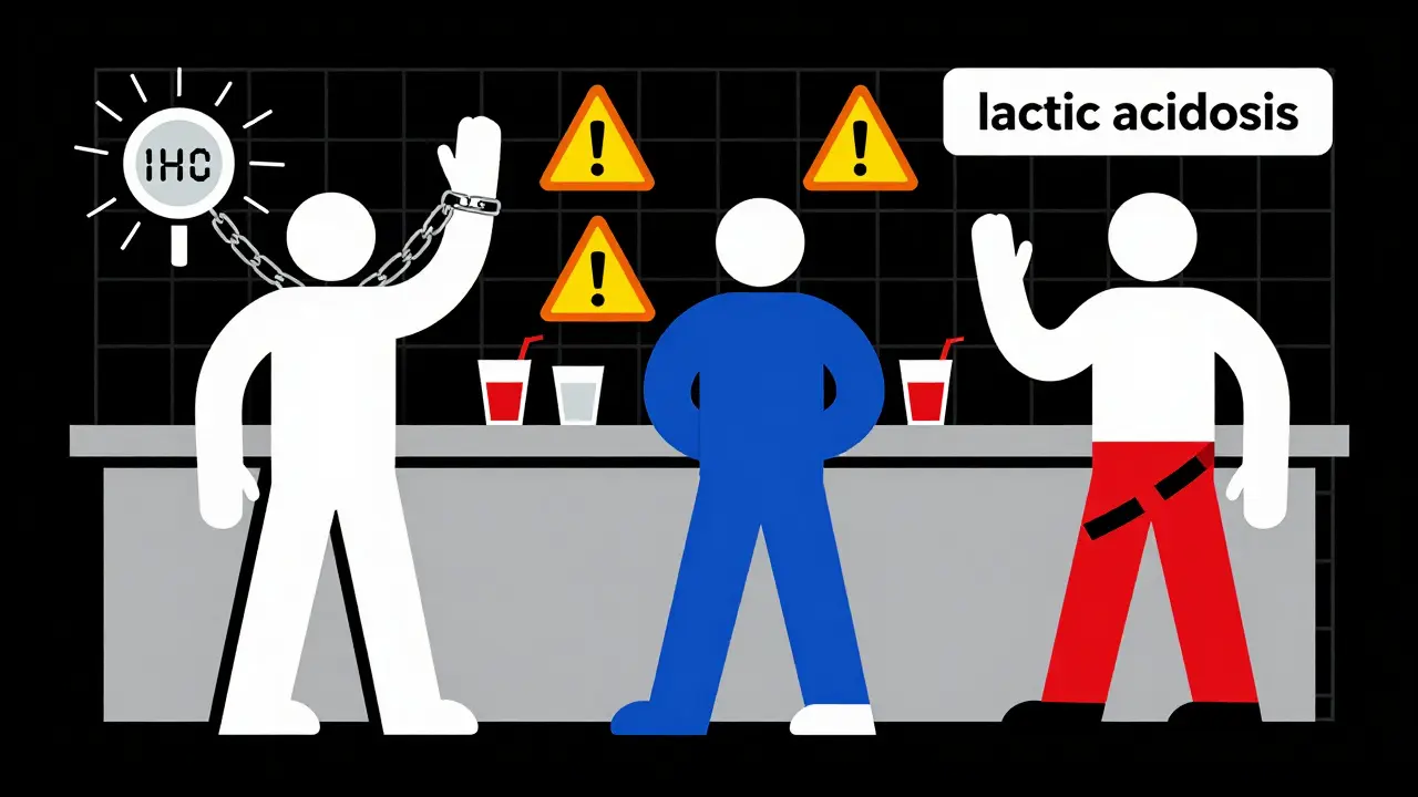 Three abstract medication figures at a bar with warning symbols and hazard stripes in De Stijl style.