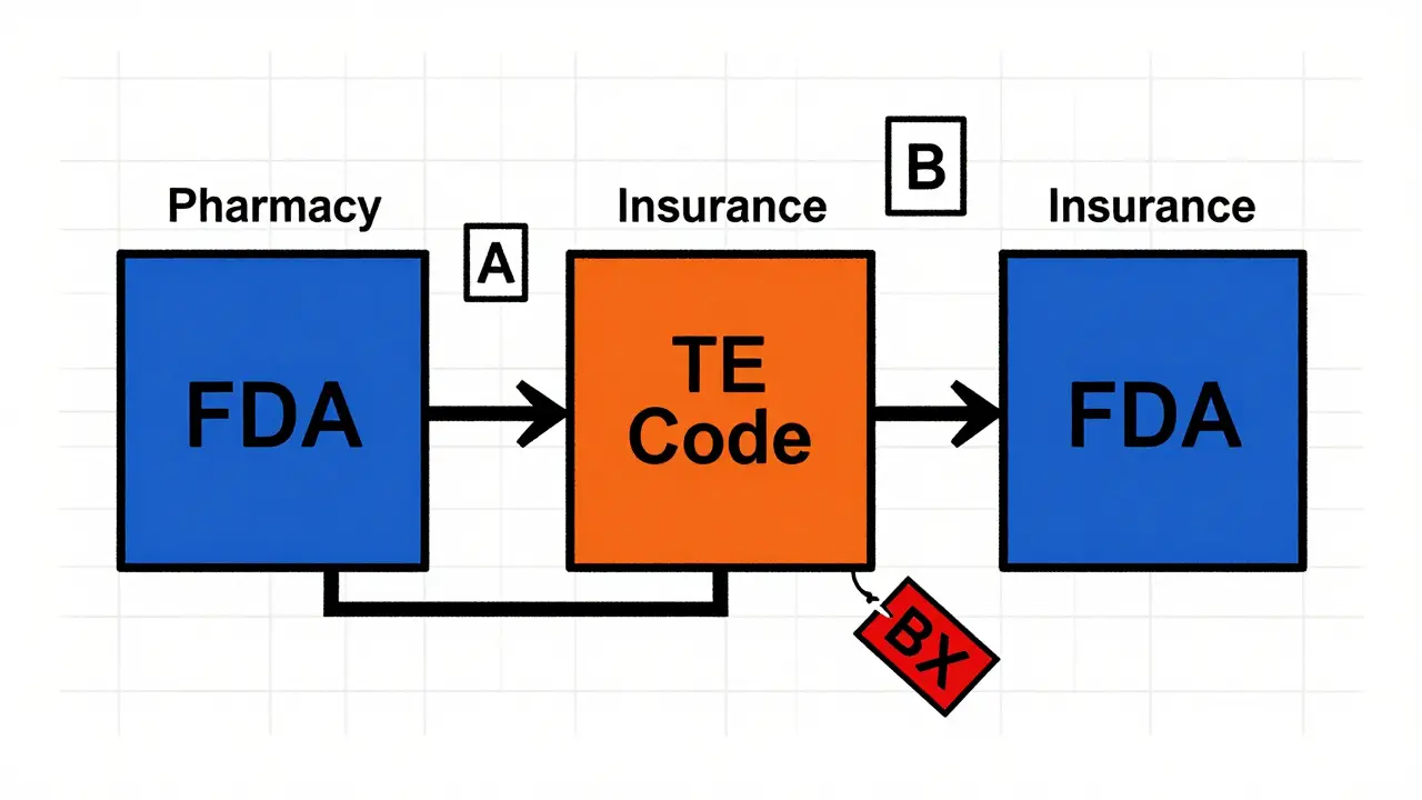Three institutions connected by arrows to a central TE Code square, with falling BX code tag.