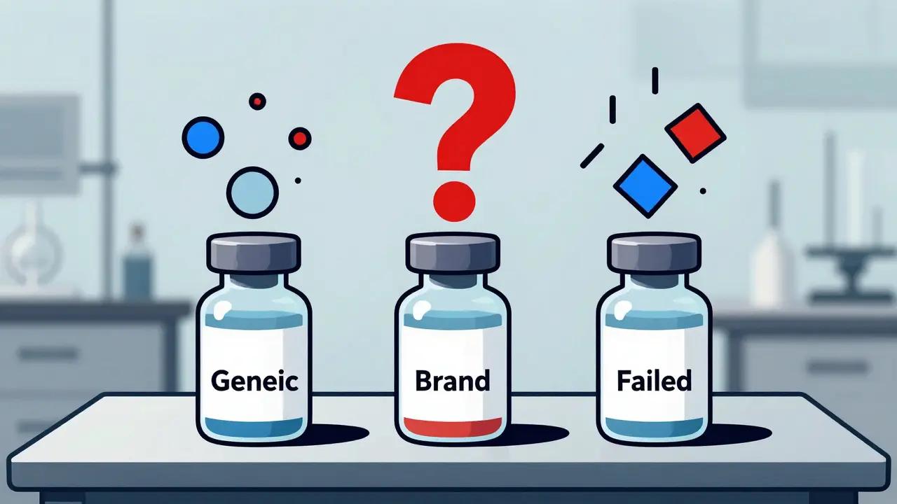 Three vials with abstract particle shapes and a question mark, symbolizing bioequivalence failure in De Stijl style.