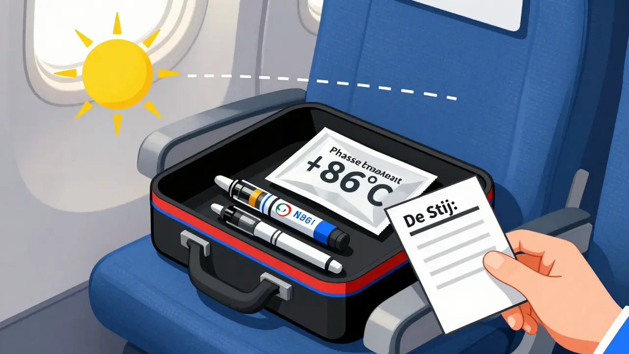 Travel case with insulin and gel pack on airplane seat, labeled with safety temperature limit in De Stijl style.