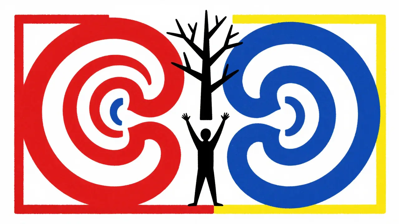 Two interlocking spirals of pain and sleep trapping a figure in a geometric maze, under a barren tree.