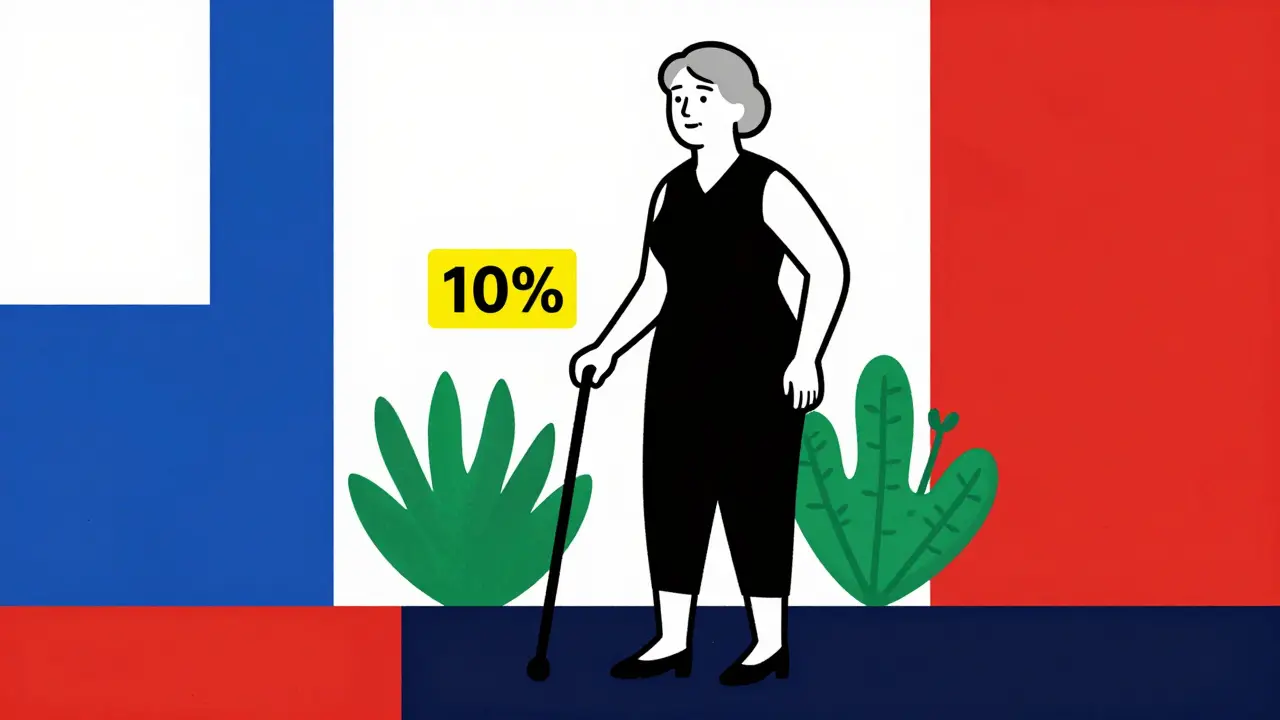 Woman standing without cane, 10% weight loss symbol above hip, surrounded by garden in De Stijl style.