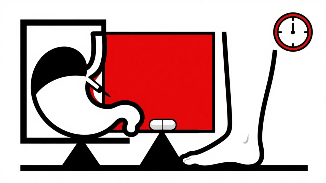A balance scale weighing an NSAID pill against organ damage, depicted in black, white, and red using strict De Stijl geometry.
