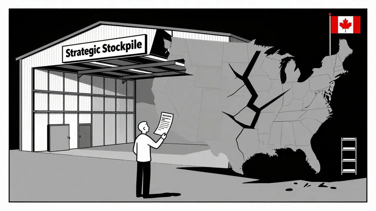 A patient faces an empty warehouse labeled 'Strategic Stockpile' while a small Canadian shelf glows with full bottles in De Stijl style.