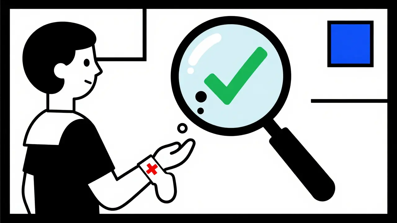 A patient holding a medical bracelet as a magnifying glass reveals a penicillin molecule turning into a green checkmark.