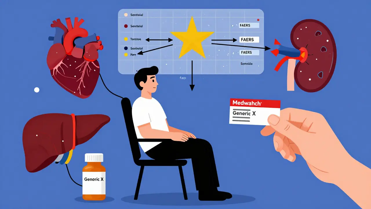 A patient with floating body parts linked to a generic pill, watched by data streams in primary colors and black lines.