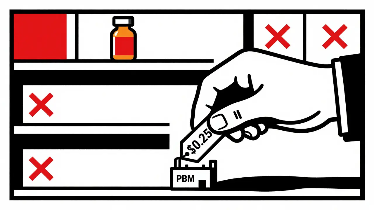 A pharmacy shelf with one pill left, crushed by a giant price tag labeled '<h2>No Extra Capacity Means No Buffer</h2>.25' from a PBM hand in bold red and black lines.