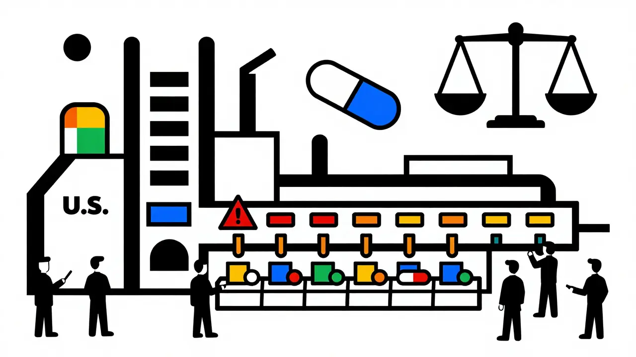 An abstract drug factory with inspectors and warning signs, rendered in strict De Stijl geometric forms.