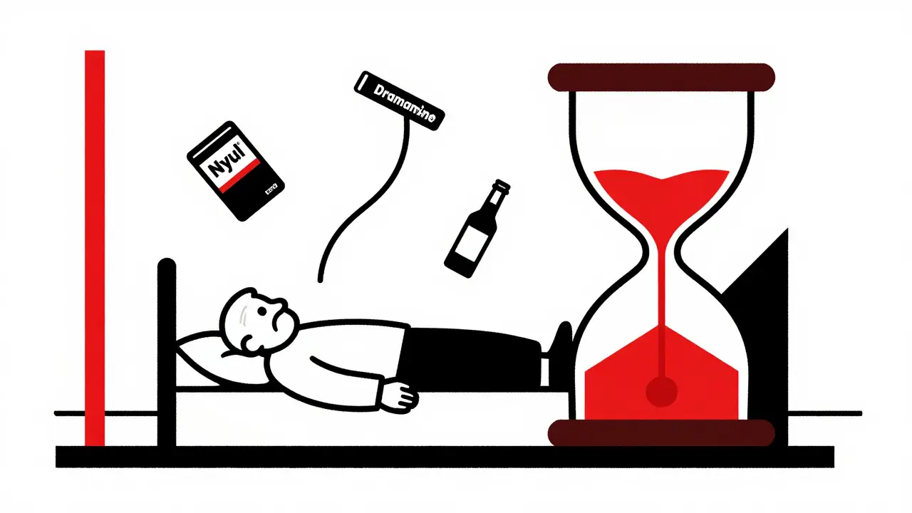 An elderly person on the floor surrounded by medicine bottles and beer, with a tipping hourglass.