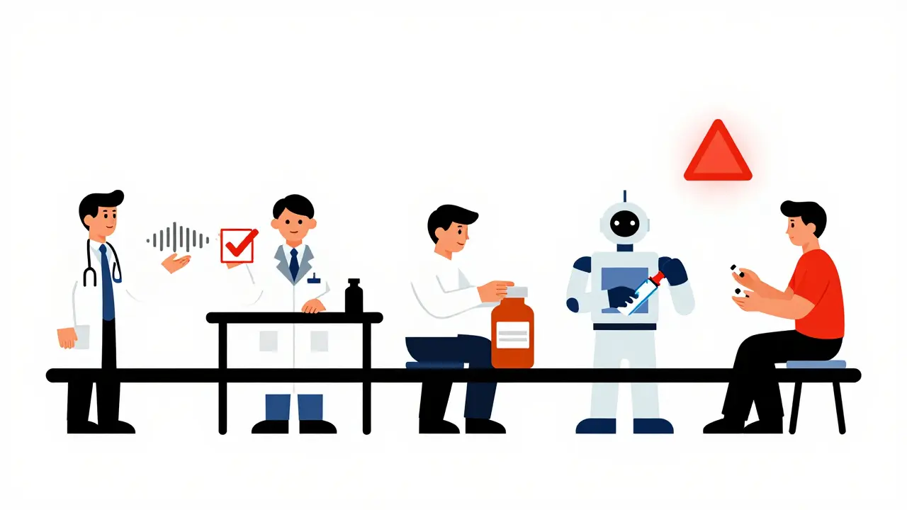 Assembly line of pharmacy workflow steps in abstract De Stijl geometric forms.