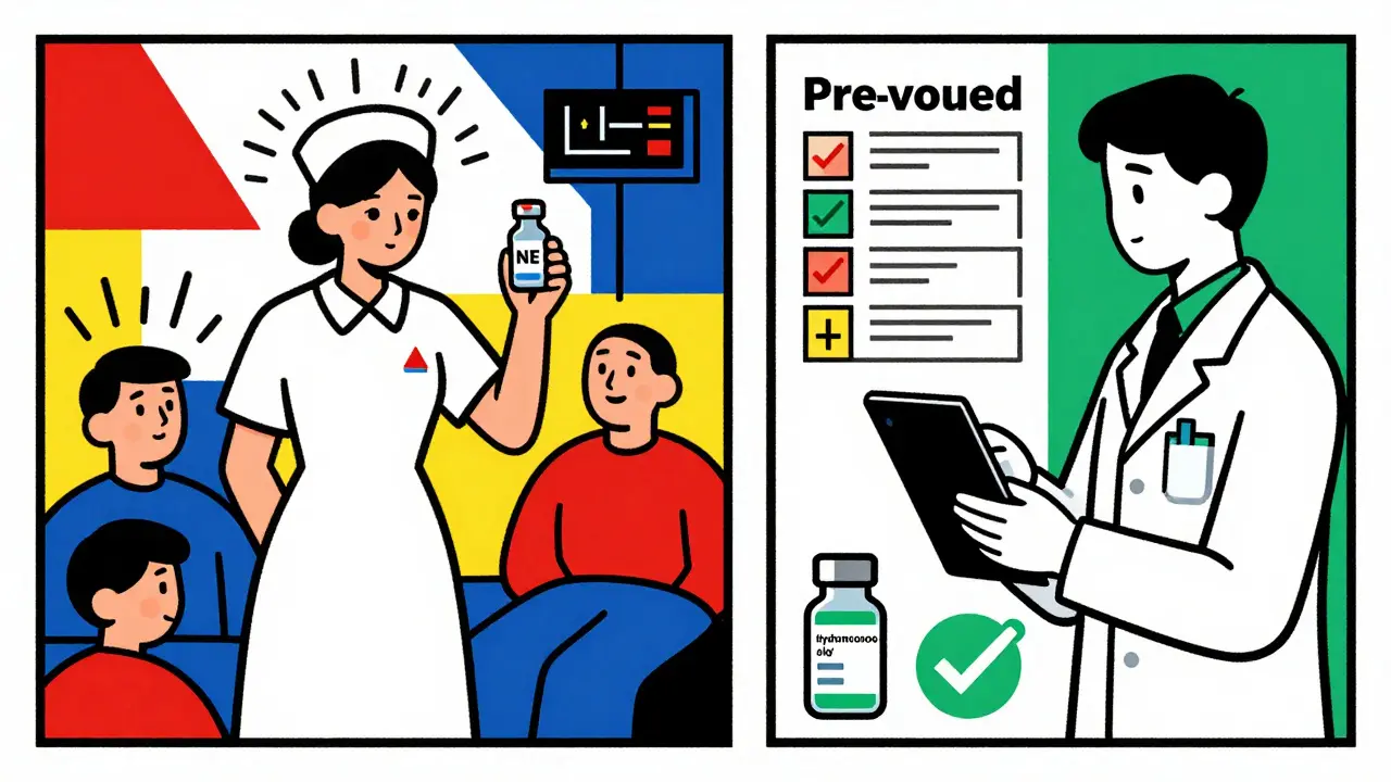 Chaotic ICU scene on left, calm pharmacist using protocol on right, all in De Stijl primary colors and lines.