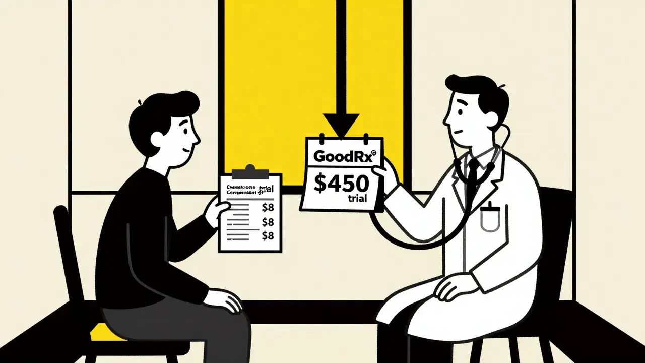 Doctor and patient discussing medication switch using a GoodRx price sheet in a minimalist room.