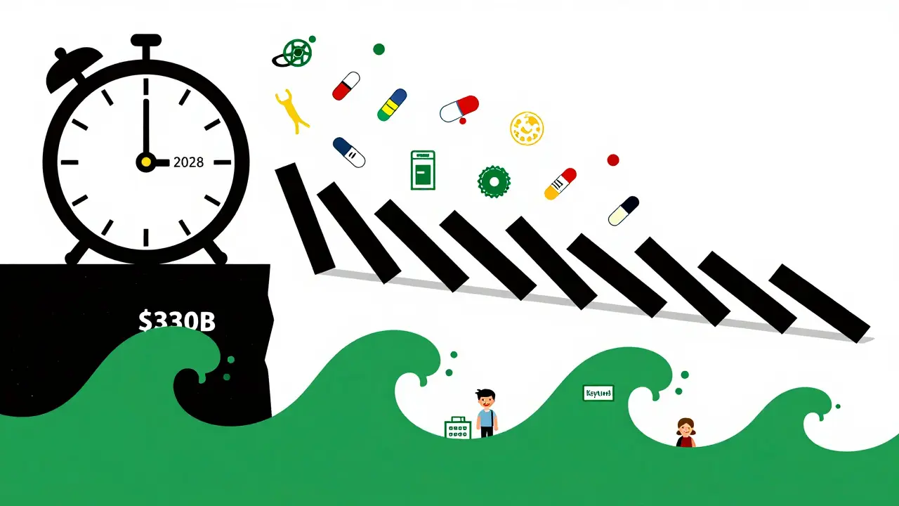 Patent clock ticks to 2028 as blockbuster drugs fall, while a 0B savings wave rises below.