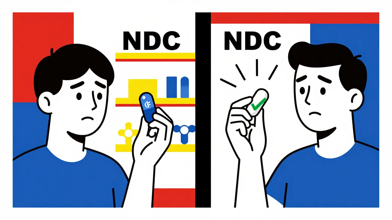 Patient comparing branded and plain pill with abstract chemical structure lines.