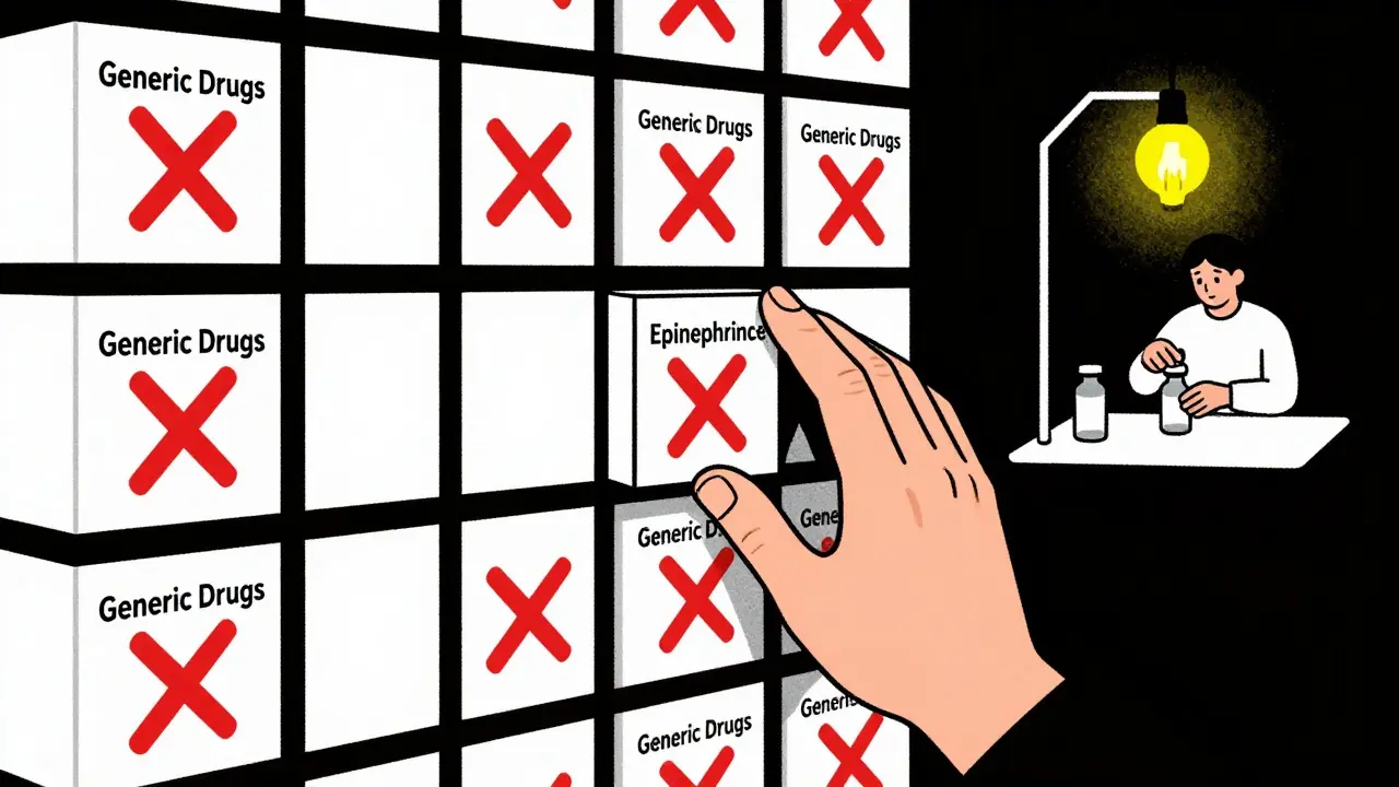 Patient reaching for empty generic drug boxes, one half-full vial visible behind a lone worker.