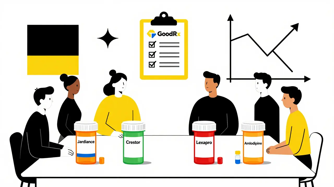 People exchanging high-cost prescription bottles for cheaper alternatives on a table with price graphs.