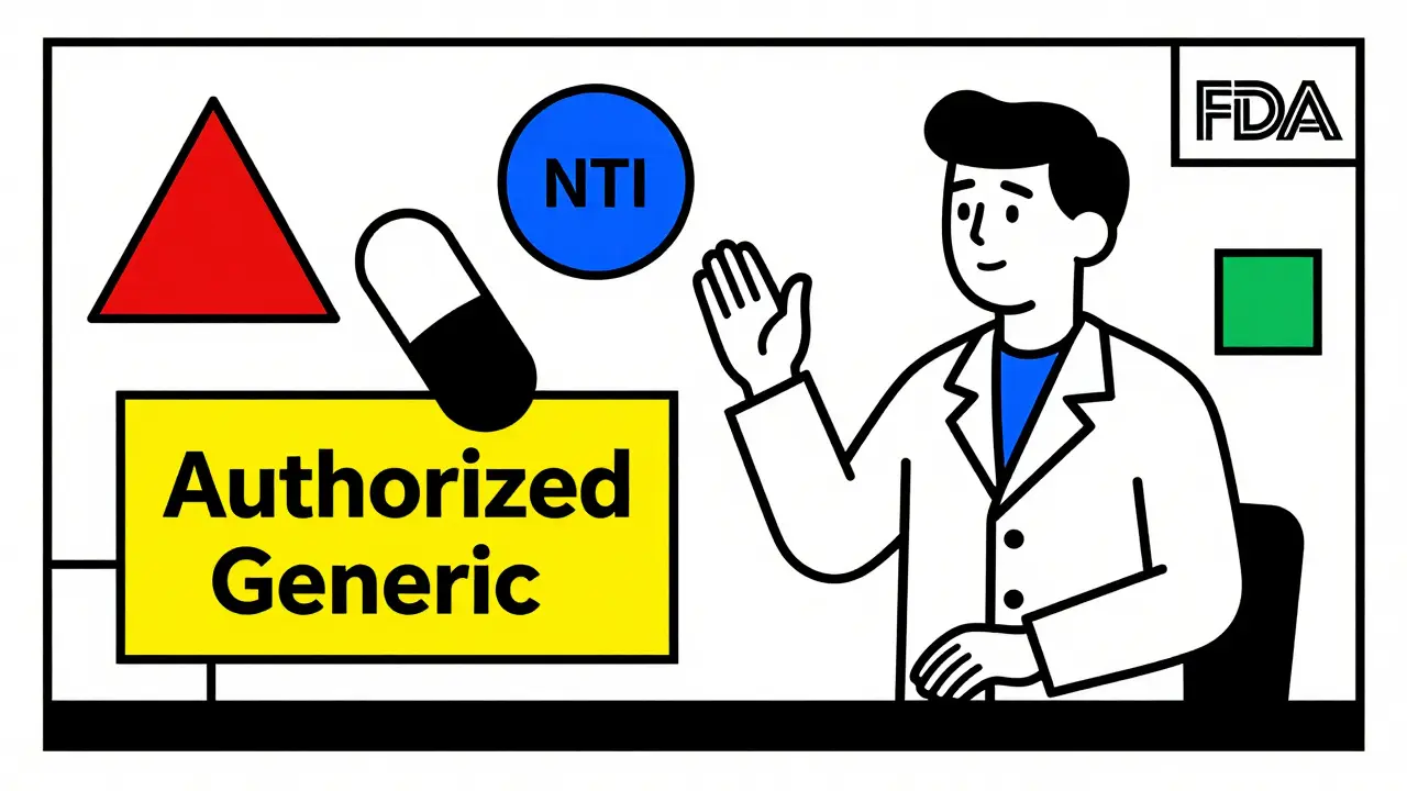 Pharmacist explaining authorized generic using geometric shapes representing patient needs.
