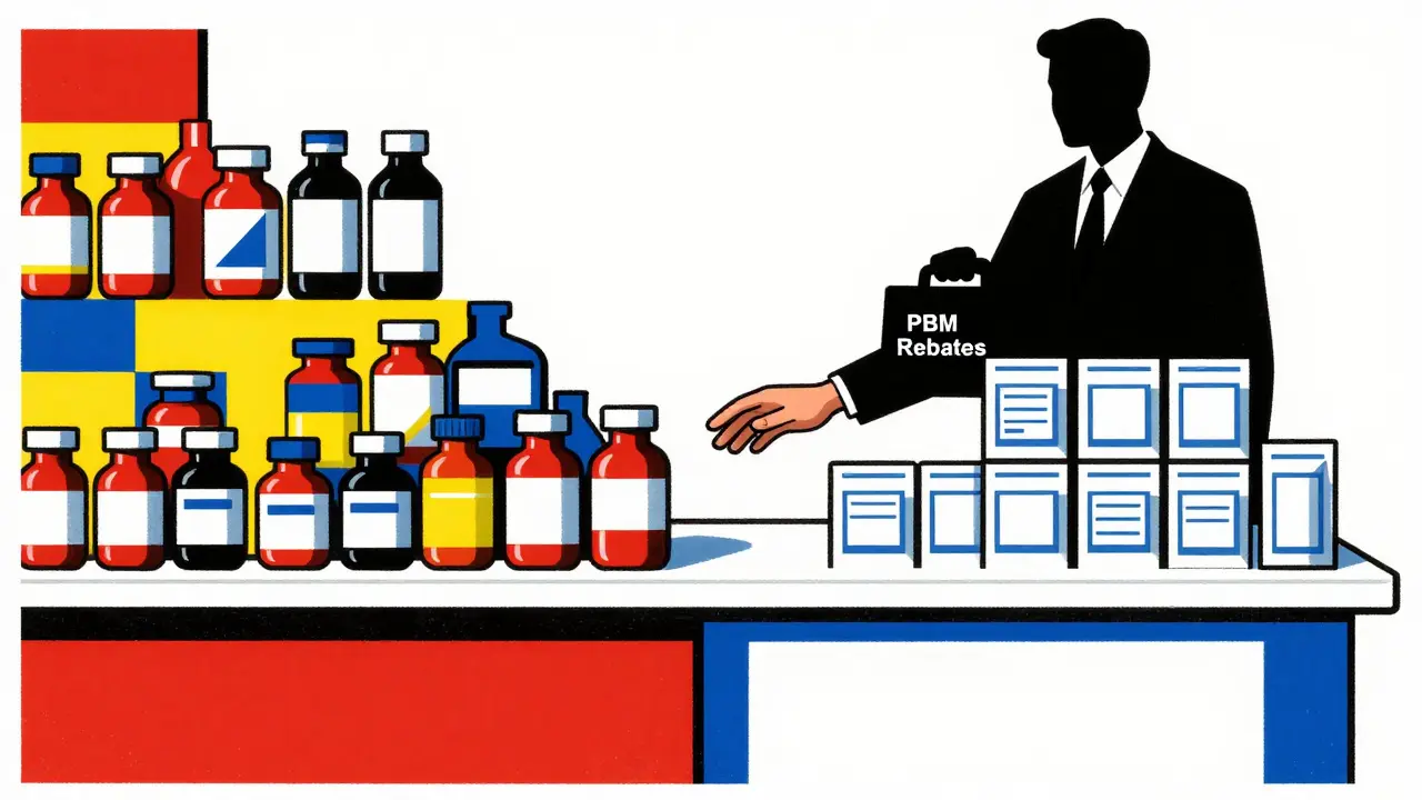 Pharmacy counter contrasts expensive brand drugs with low-cost generics, with a shadowy PBM figure in background.