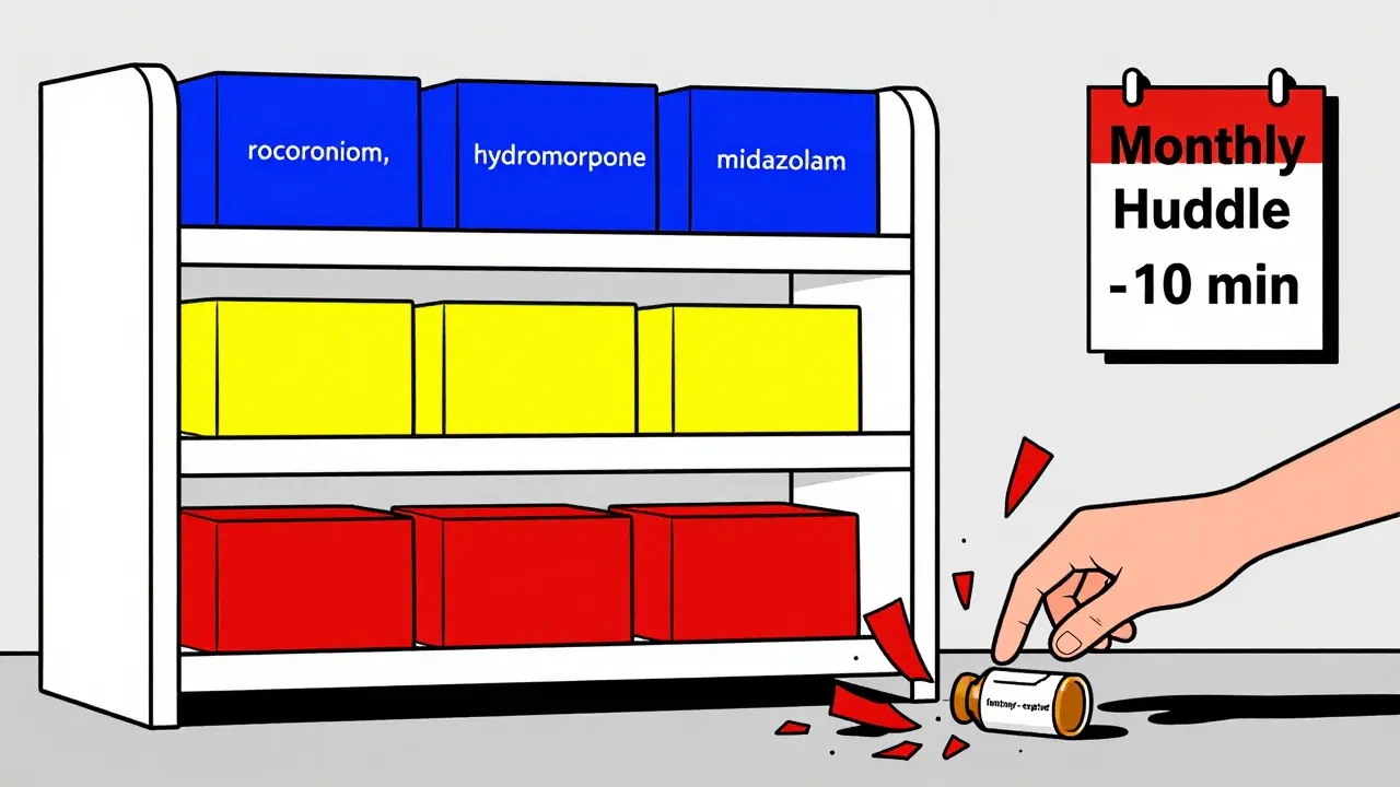 Pharmacy shelf with tiered drug replacements, one expired vial shattering into red pieces.
