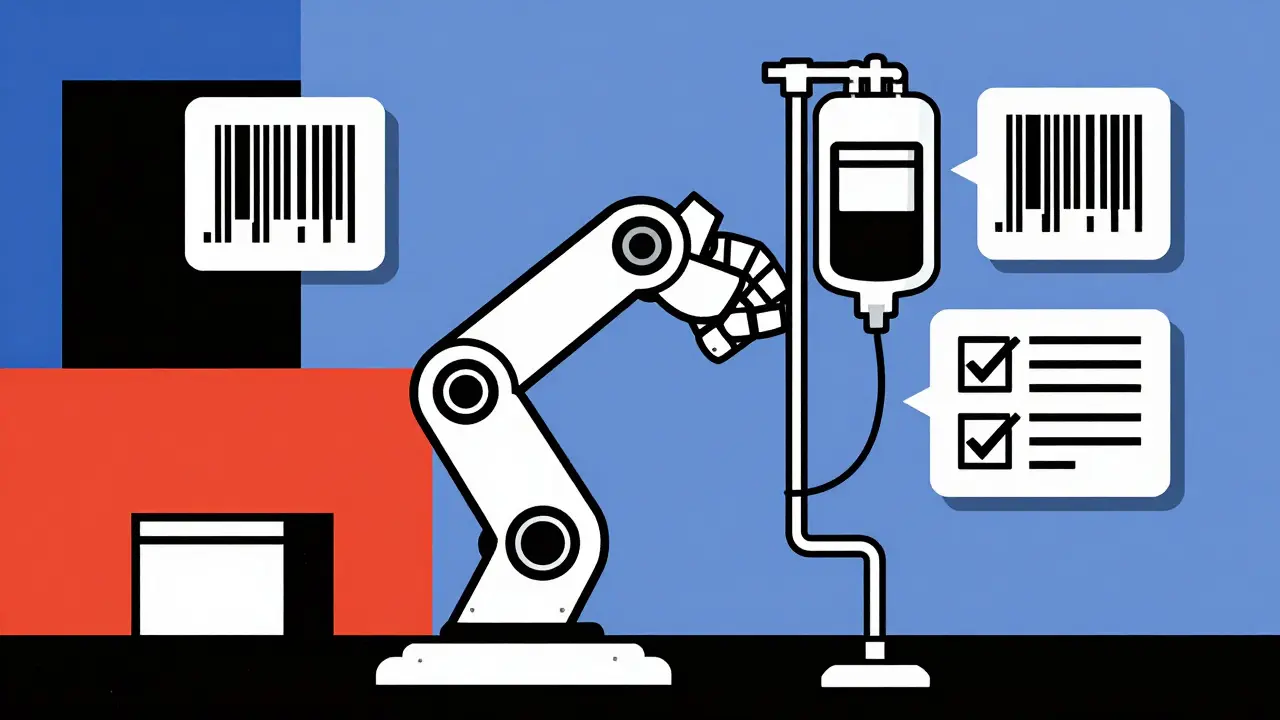 Robotic arm mixing IV bag with floating safety icons in bold primary colors and lines.