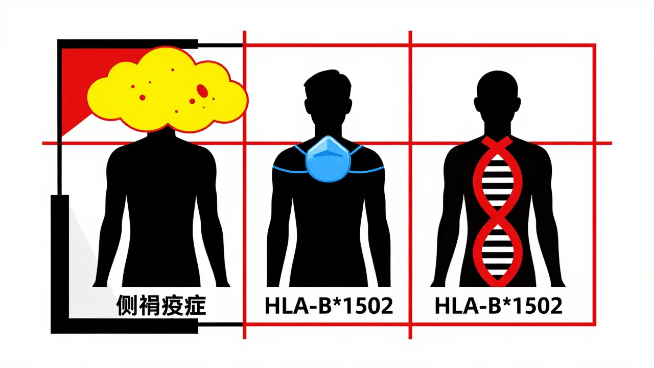 Three abstract human figures representing different drug reaction types on a grid background with black lines and primary colors.