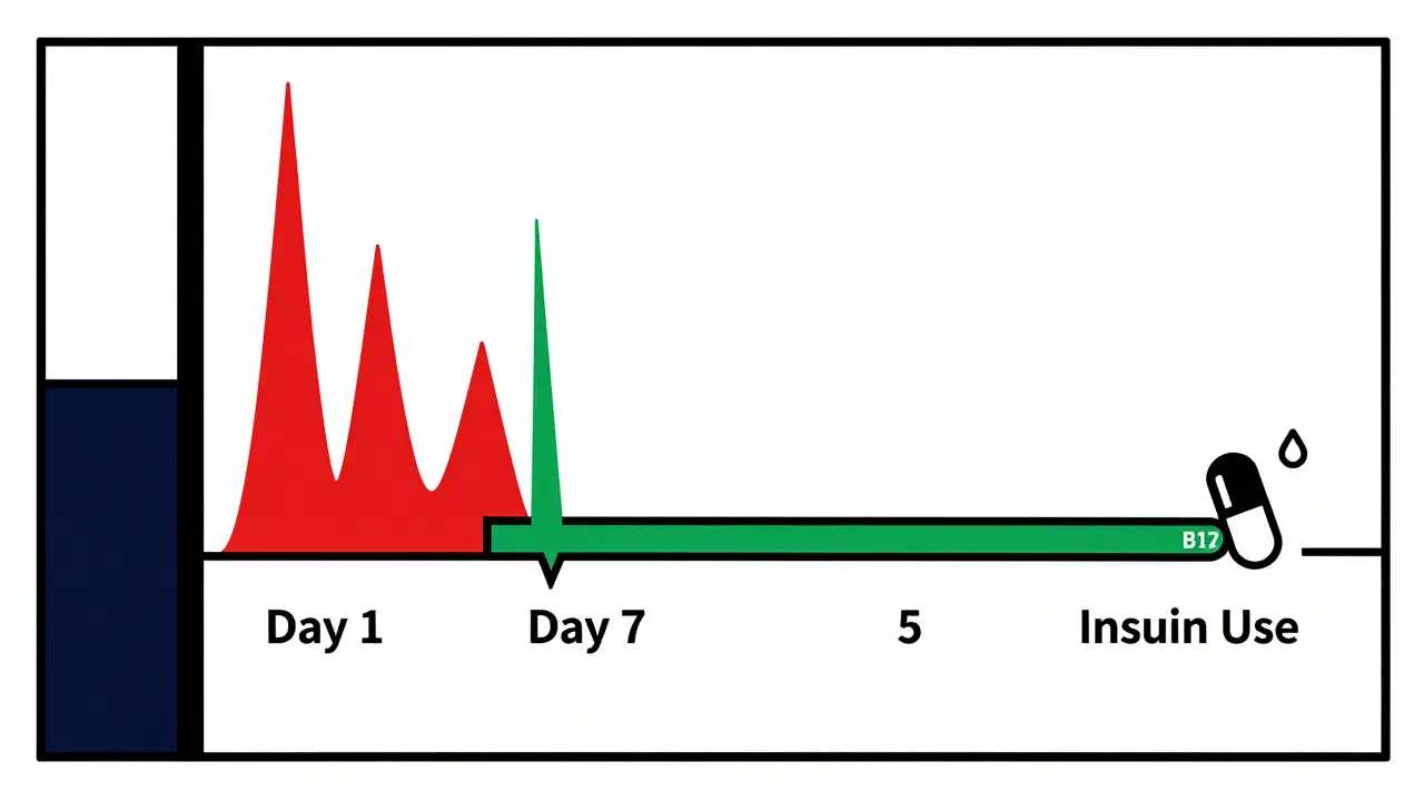 Timeline showing blood sugar drop after surgery, with vitamin supplements, rendered in De Stijl geometric style using black lines and primary colors.