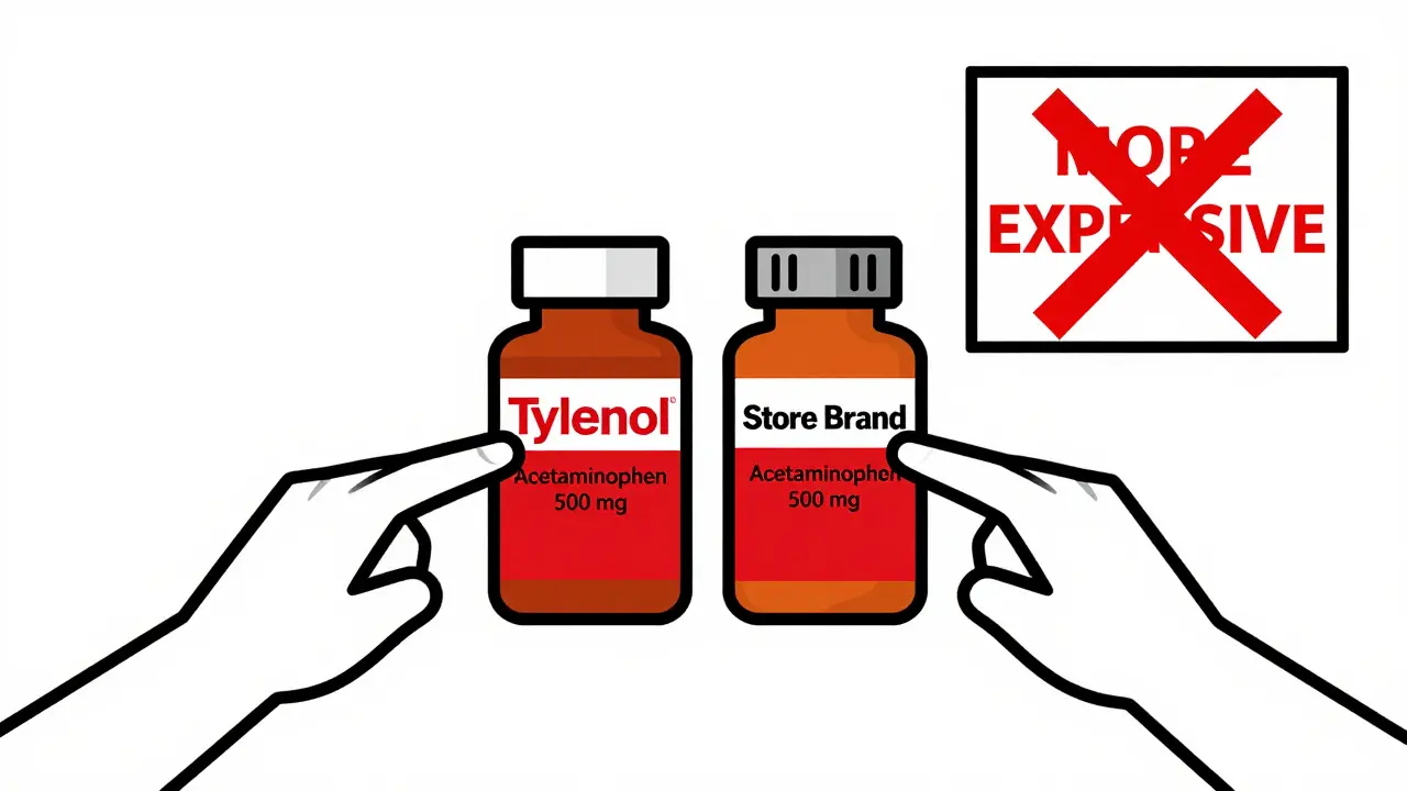 Two medicine bottles with identical active ingredient labels, one branded and one generic, with a crossed-out price tag.