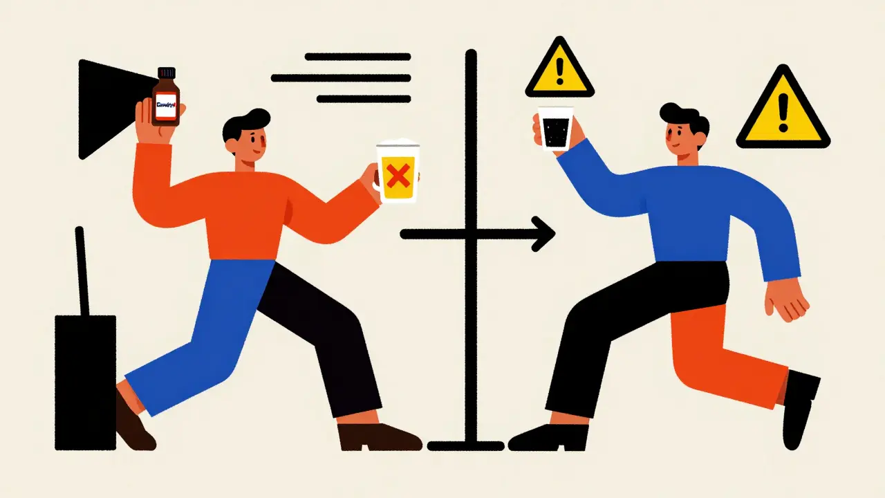 Two people shown with medication and alcohol, one with a warning X, the other with a caution triangle.