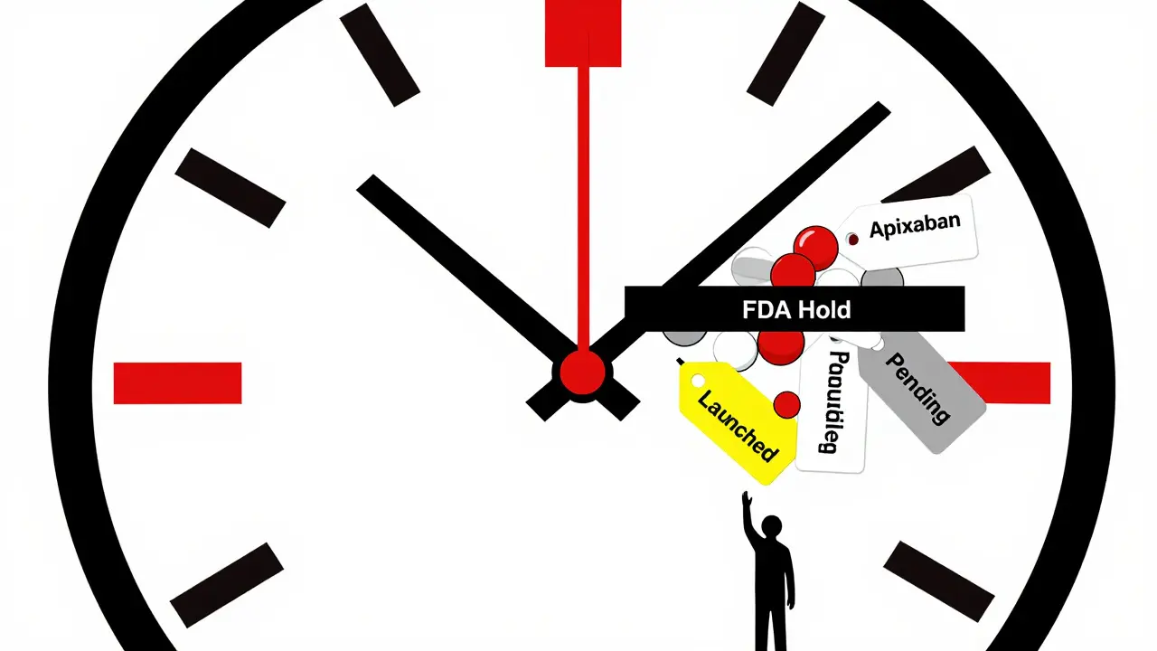 A clock over pills with one launched and three trapped under a FDA hold bar, in De Stijl abstract style.