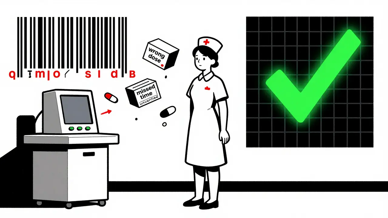 A nurse facing malfunctioning barcode scanners in a hospital, with floating error labels in geometric shapes.