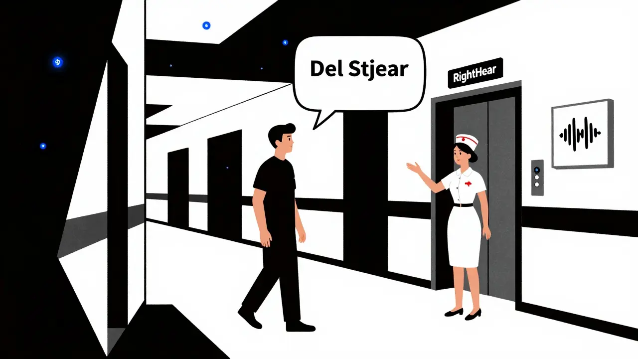 A patient navigating a hospital hallway guided by glowing Bluetooth beacons and geometric signage in De Stijl abstract style.