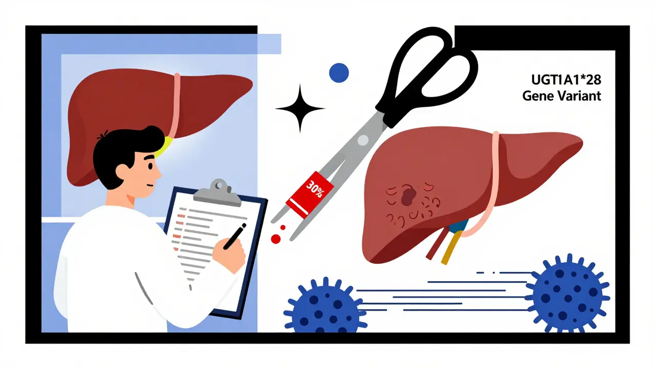 A patient’s chemotherapy dose is reduced by a gene variant, shown with abstract liver and cancer cell shapes in primary colors.