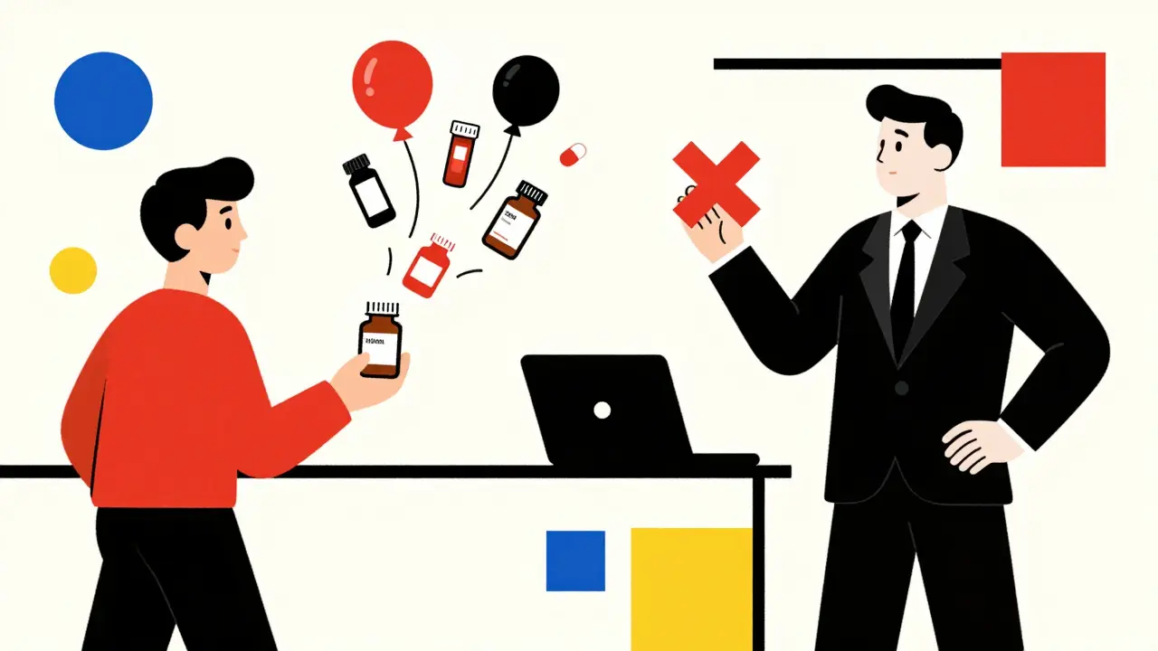 A patient with goldenseal capsules beside rising prescription bottles in bold primary colors and black outlines.