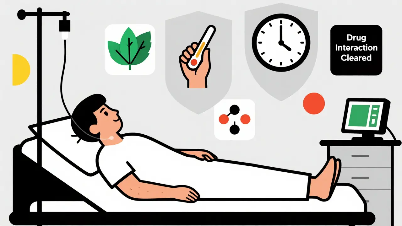 A person receives chemo with palliative care icons floating above, all rendered in De Stijl style with clean lines and primary colors.