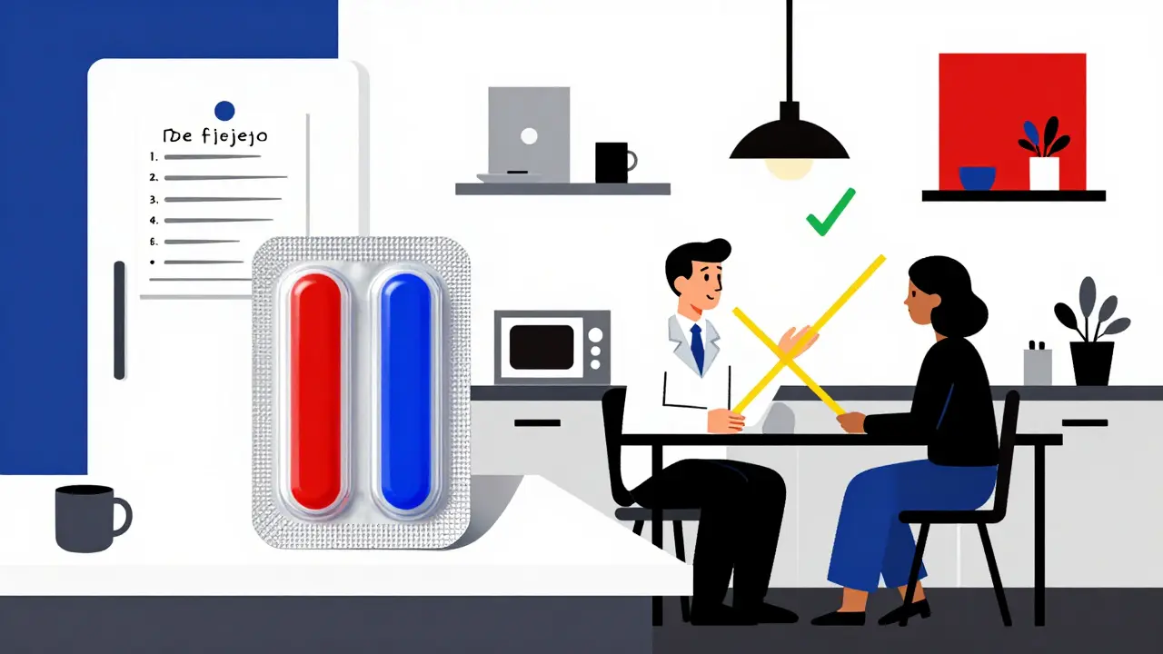 A simple kitchen with single-dose pill packs and a handwritten list, with pharmacist and caregiver in conversation.