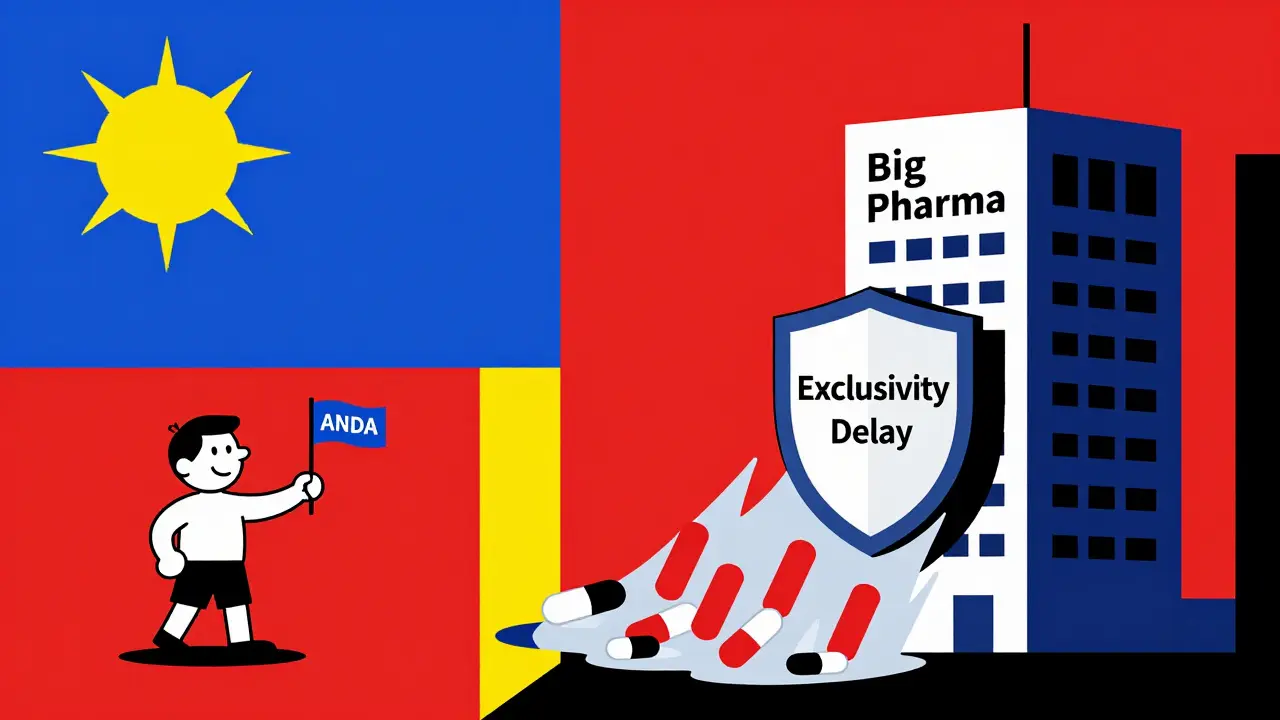 A small startup contrasts with a corporate shield blocking generics, rendered in bold primary colors and black lines.