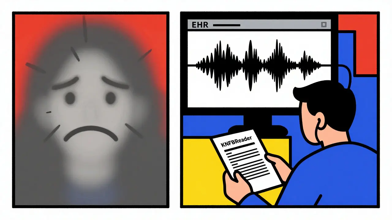 A split image contrasting poor audio quality with clear audio from healthcare tools, rendered in bold De Stijl geometric shapes and primary colors.