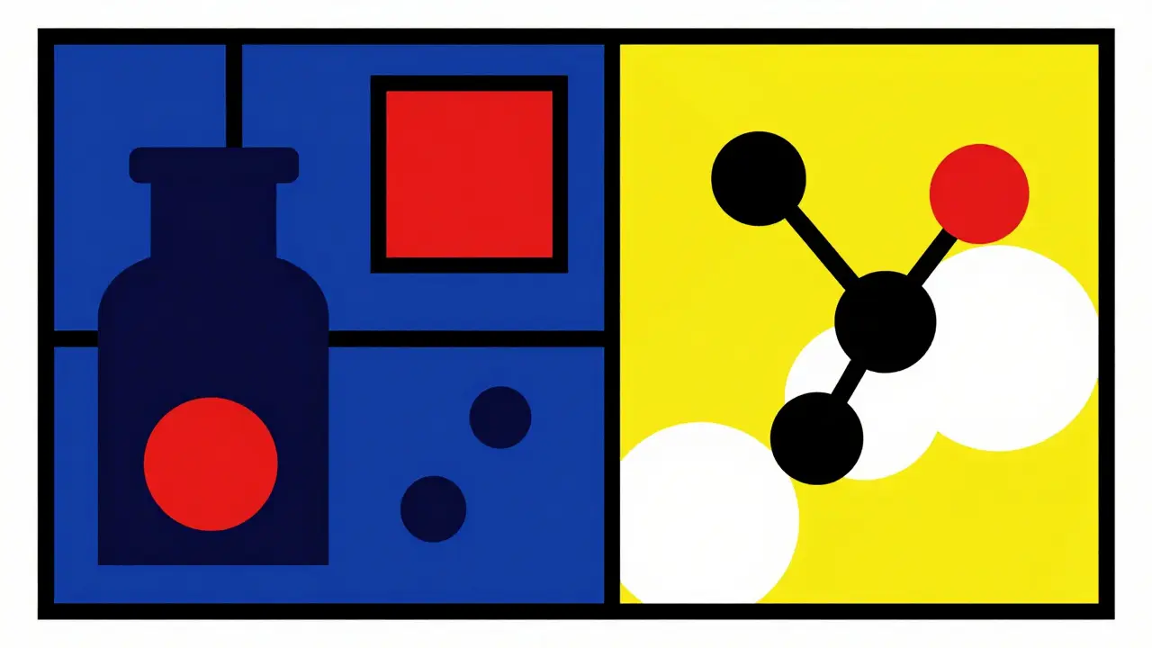 Abstract split illustration contrasting risky old meds versus safe new ones.