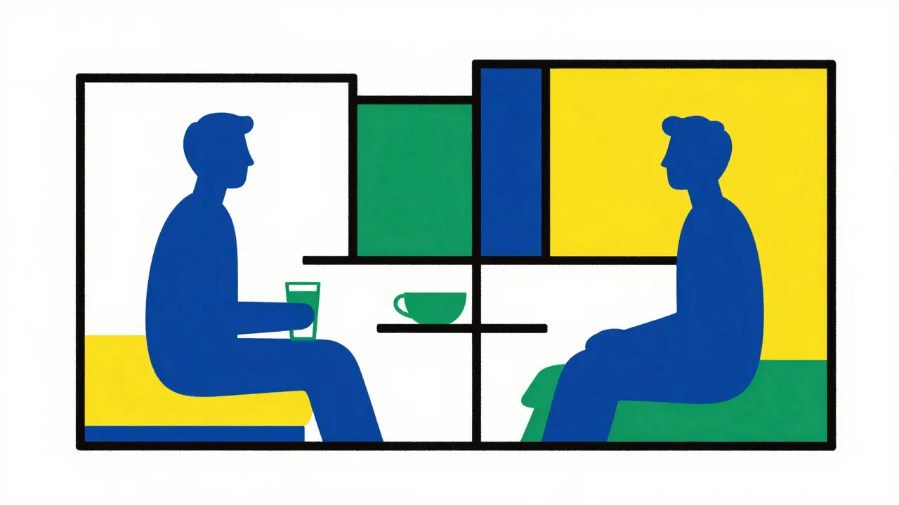 Balanced geometric blocks representing medical consultation and safety.