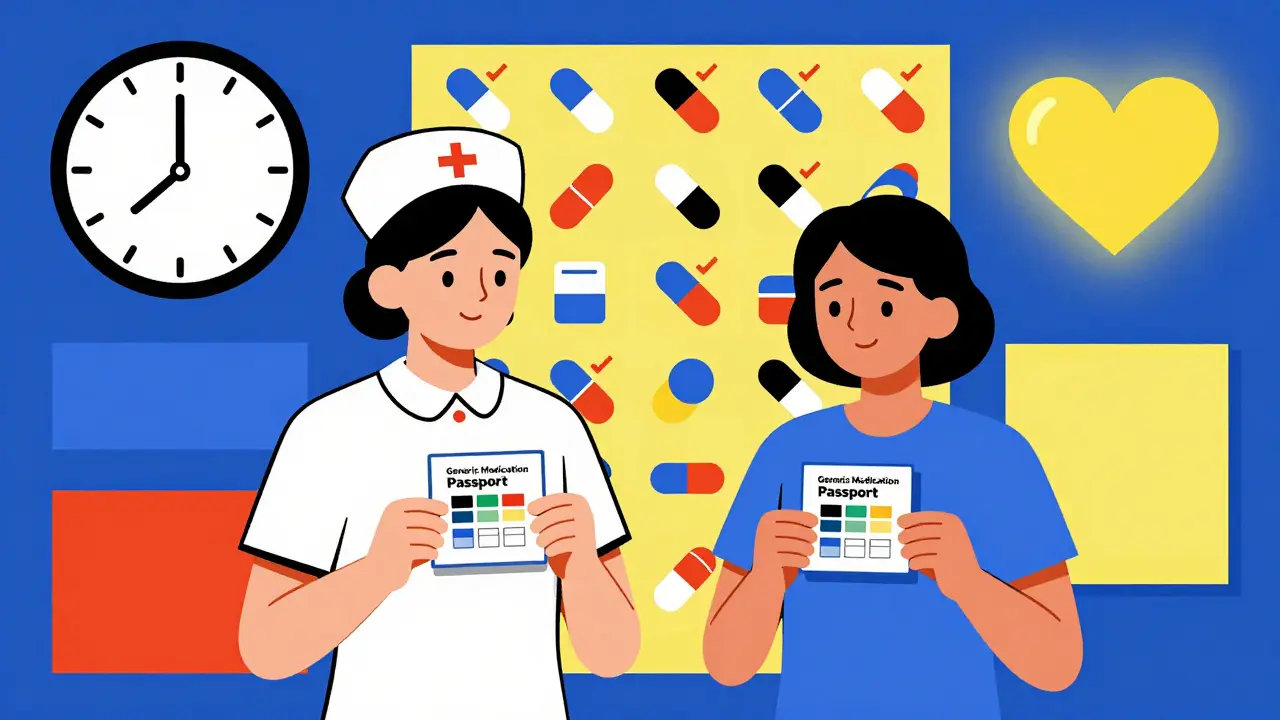 Nurse and patient holding medication passports with colored pill icons, forming a pattern of trust and understanding.