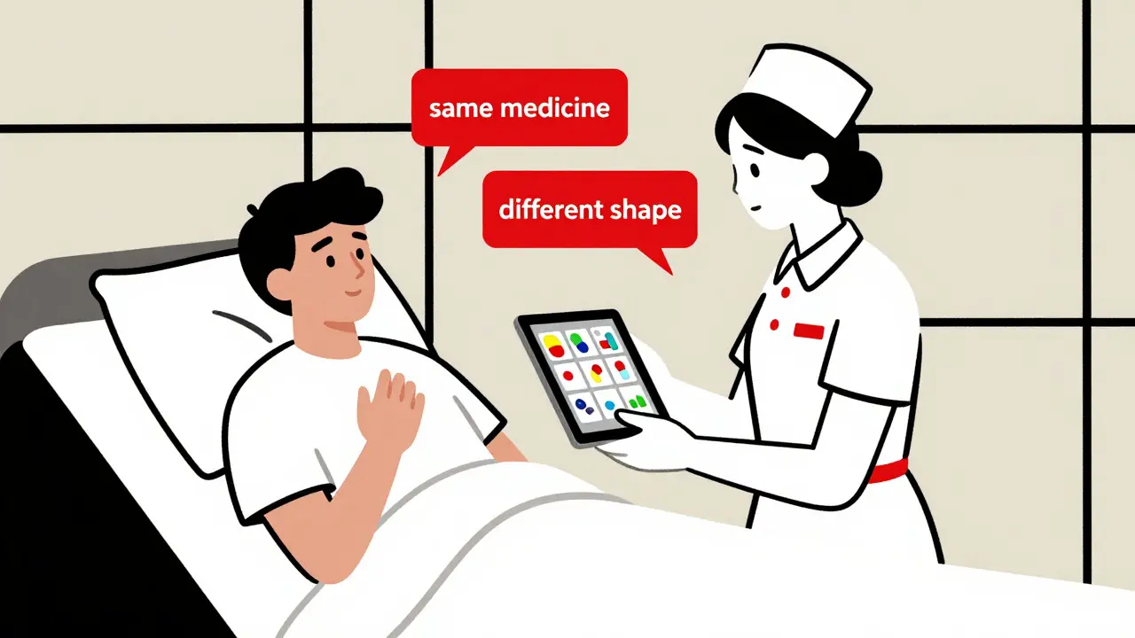 Nurse showing a patient pill images on a tablet, using geometric shapes and primary colors in a hospital room.