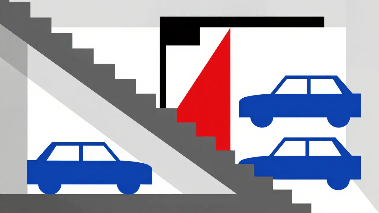 Stylized path with red hazard zones and walking symbols.