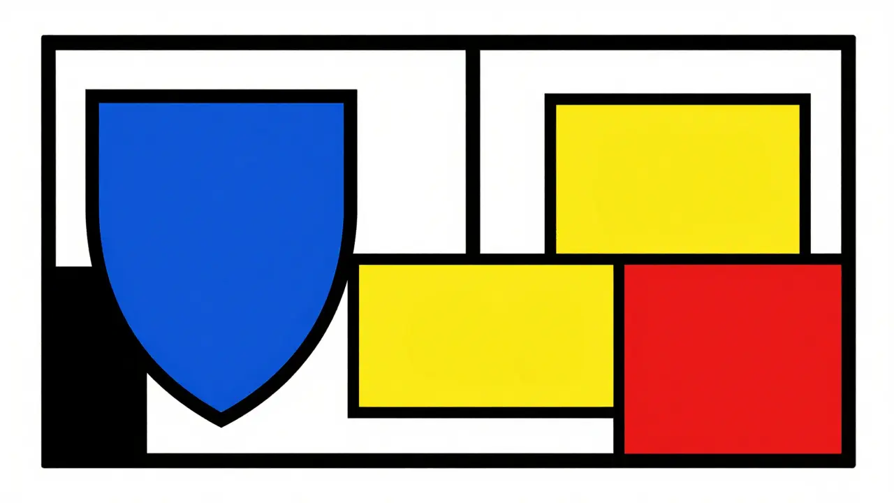 Abstract De Stijl composition symbolizing security and price comparison in online pharmacies.