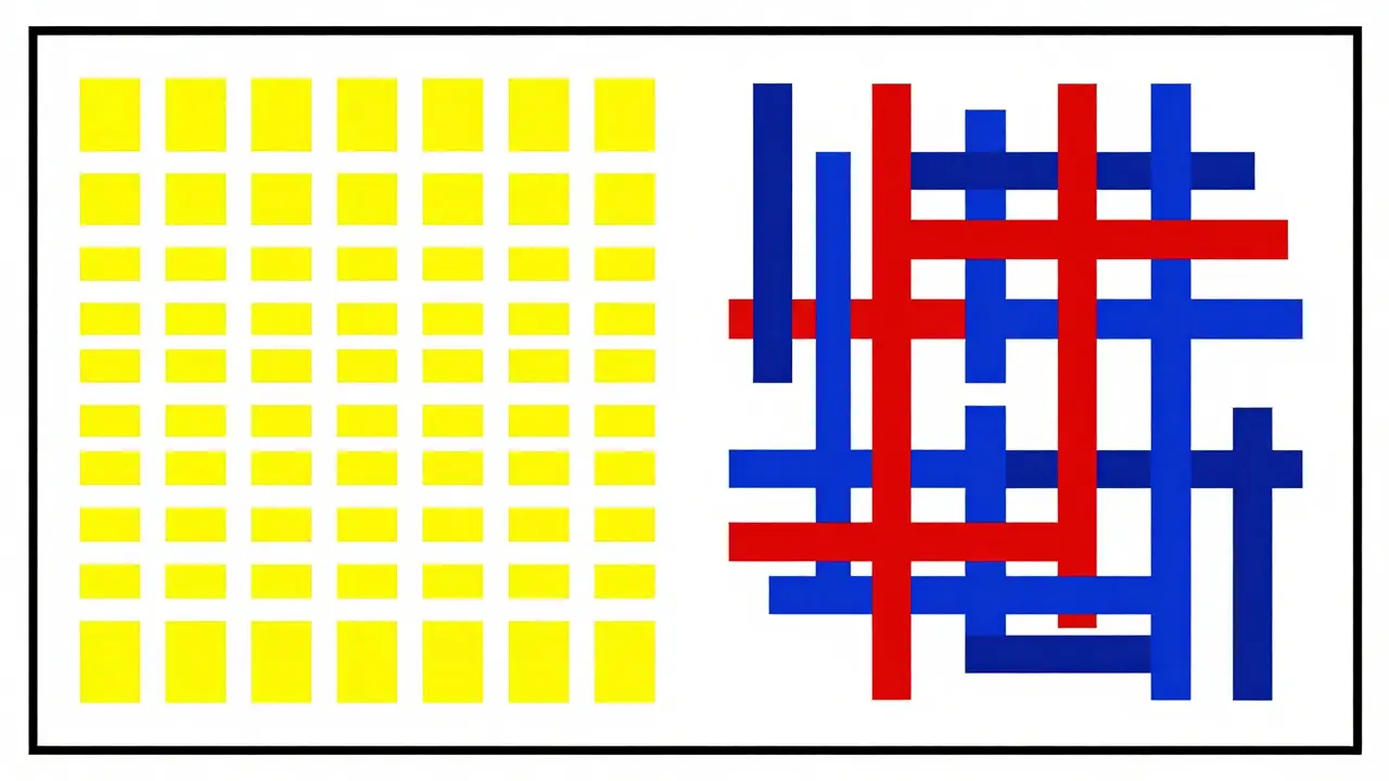 De Stijl illustration contrasting simple yellow grids with complex red and blue rectangles.