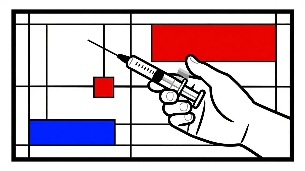 De Stijl illustration of a syringe and a geometric route map showing safe medication administration zones.